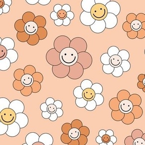Smiley daisies sweet vintage style cute happy day floral print for summer boho vibes beige white orange blush seventies palette 