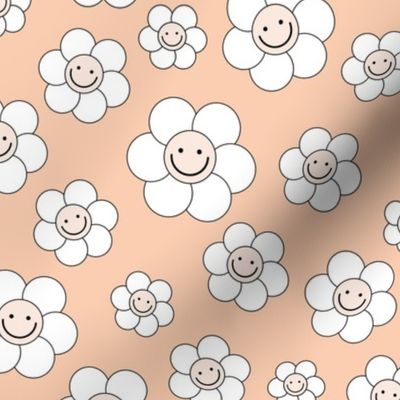 Smiley daisies sweet vintage style cute happy day floral print for summer boho vibes beige white blush peach 