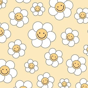 Smiley daisies sweet vintage style cute happy day floral print for summer boho vibes butter yellow white 
