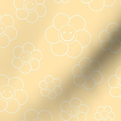Smiley daisies sweet vintage style cute happy day floral print for summer boho vibes butter yellow white outline 