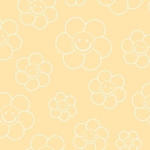 Smiley daisies sweet vintage style cute happy day floral print for summer boho vibes butter yellow white outline 