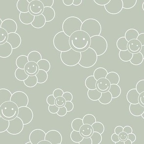 Smiley daisies sweet vintage style cute happy day floral print for summer boho vibes sage green white outline 