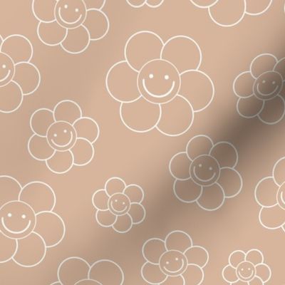 Smiley daisies sweet vintage style cute happy day floral print for summer boho vibes moody rose beige white outline 