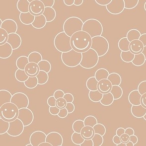 Smiley daisies sweet vintage style cute happy day floral print for summer boho vibes moody rose beige white outline 