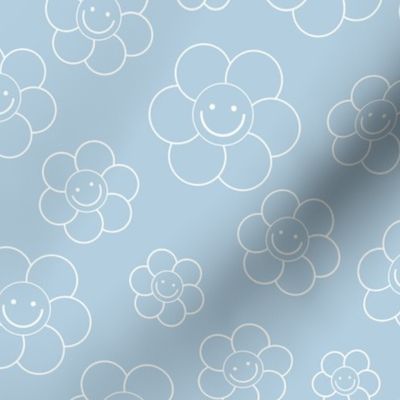 Smiley daisies sweet vintage style cute happy day floral print for summer boho vibes cool blue white outline 