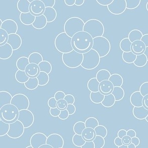 Smiley daisies sweet vintage style cute happy day floral print for summer boho vibes cool blue white outline 