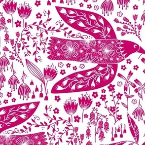 Doves And Flowers Bird Art Magenta Pink