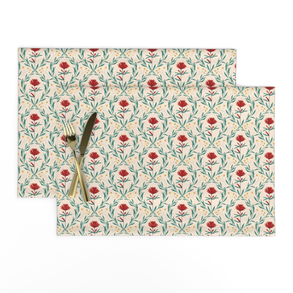 Vintage Damask scarlet red hand drawn flower on  eggshell white  Kitchen Wallpaper (with background texture)