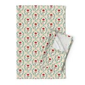 Vintage Damask scarlet red hand drawn flower on  eggshell white  Kitchen Wallpaper (with background texture)