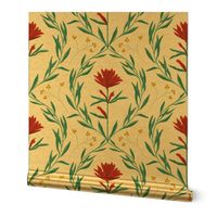 Vintage Damask scarlet red hand drawn flower on  eggshell white  Kitchen Wallpaper (with background texture)