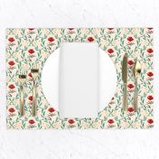 Vintage Damask scarlet red hand drawn flower on  eggshell white  Kitchen Wallpaper (with background texture)
