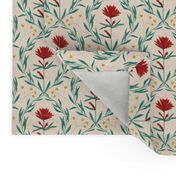 Vintage Damask scarlet red hand drawn flower on  eggshell white  Kitchen Wallpaper (with background texture)