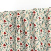 Vintage Damask scarlet red hand drawn flower on  eggshell white  Kitchen Wallpaper (with background texture)