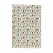 Vintage Damask scarlet red hand drawn flower on  eggshell white  Kitchen Wallpaper (with background texture)