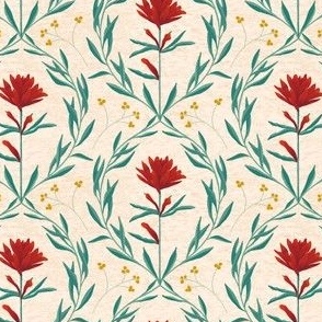 Vintage Damask scarlet red hand drawn flower on  eggshell white  Kitchen Wallpaper (with background texture)