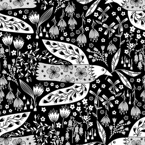 Doves And Flowers Bird Art White on Black Jumbo