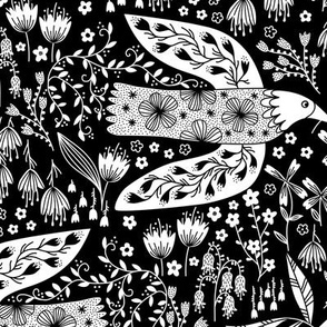 Doves And Flowers Bird Art White on Black