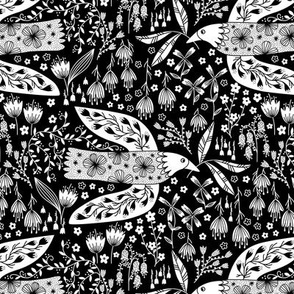 Doves And Flowers Bird Art White on Black Small Scale