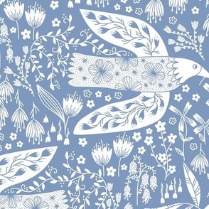 Doves And Flowers Bird Art White on Blue