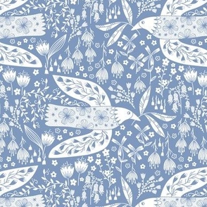 Doves And Flowers Bird Art White on Blue Small Scale