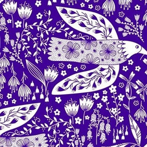 Doves And Flowers Bird Art White on Indigo Blue