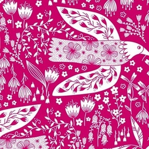 Doves And Flowers Bird Art White on Magenta Pink