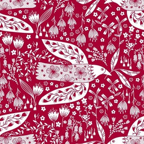 Doves And Flowers Bird Art White on Red Jumbo