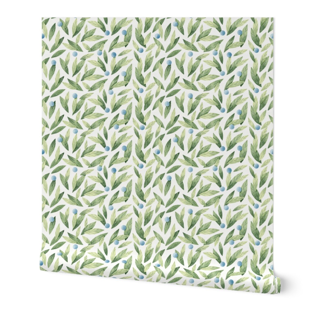 Green Leaves and Blue Berries Pattern