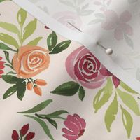 Medium Bright Watercolor Floral Roses and Botanicals tossed on a Cream White Background 