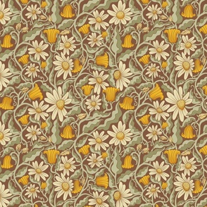 Climbing Flowers in Sage, Coffee, and Yellow (original)