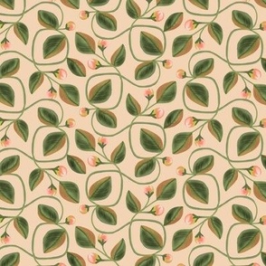 Looping Vine with Peach Colored Buds on Beige