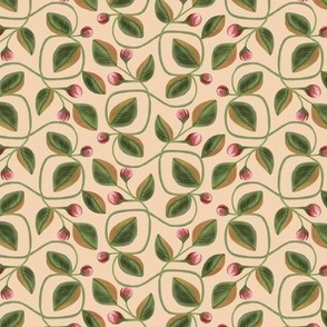 Looping Vine with Cherry Red Buds on Beige
