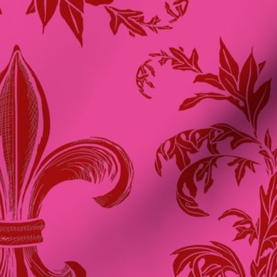 Red Acanthus Fleur de Lis on Raspberry Pink