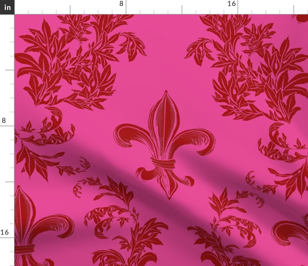 Red Acanthus Fleur de Lis on Raspberry Pink