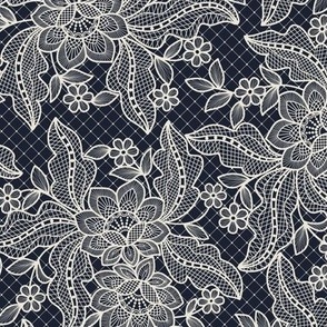 Floral Lace {Oxford Navy and Alabaster} Medium Scale