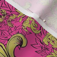 Yellow Acanthus on Raspberry Pink with black line