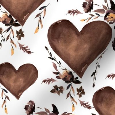 Watercolor brown hearts with flowers