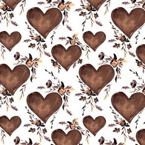 Watercolor brown hearts with flowers