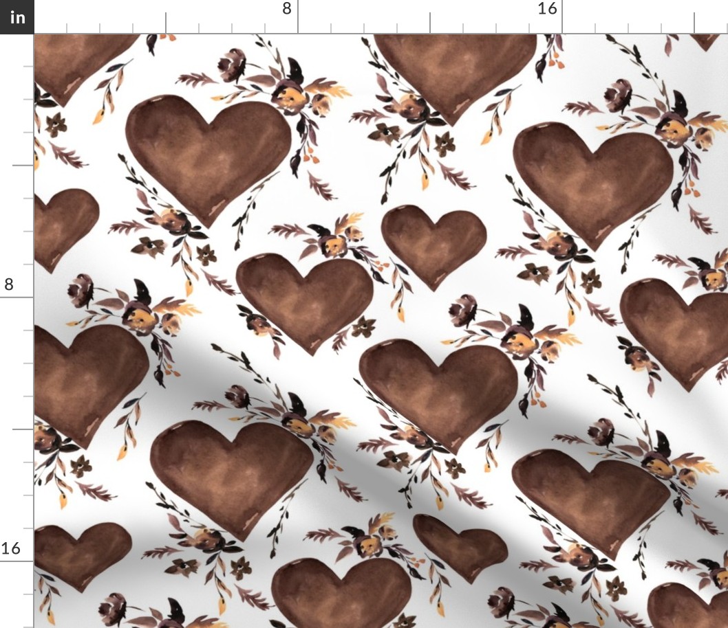 Watercolor brown hearts with flowers