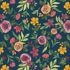 Medium Bright Watercolor Floral Roses and Botanicals tossed on a Navy Blue Background 