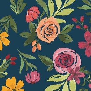 Large Bright Watercolor Floral Roses and Botanicals tossed on a Navy Blue Background Mini Large