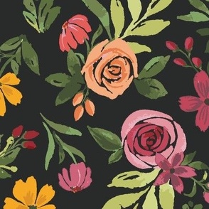  Large Bright Watercolor Floral Roses and Botanicals tossed on a Shadow Black Background  Large
