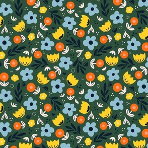 Folk Art Florals V1: Scandi Whimsical Widlflowers Folksy Florals in Green, Yellow, Blue and Orange- Medium