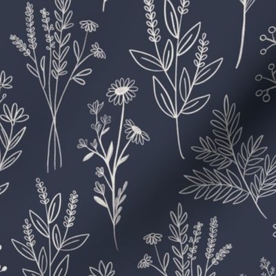 Floral Line Art {Mood Indigo and Alabaster} Medium Scale