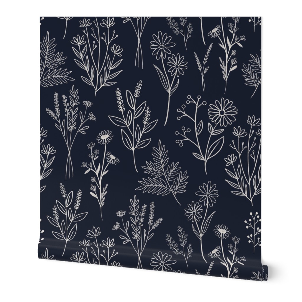 Floral Line Art {Oxford Navy and Alabaster} Medium Scale