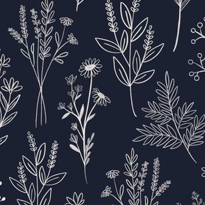 Floral Line Art {Oxford Navy and Alabaster} Medium Scale