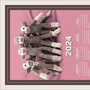 Sock Monkey 2024 calendar tea towel sideways pink