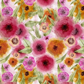 Willow Eucalyptus and Wild Flowers-on pink (large scale)