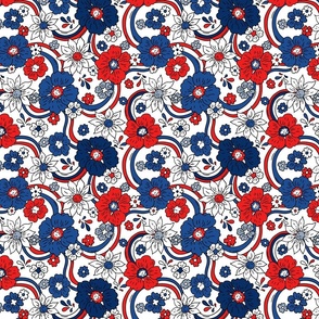 Medium Scale - Fourth of July Patriotic Red White Blue Rainbow Floral White BG