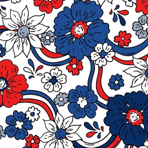 XL Scale - Fourth of July Patriotic Red White Blue Rainbow Floral White BG